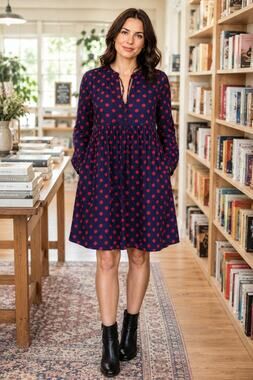 Tulip B NWT Large Navy Red Polka Dot Dress Lined W/ Pockets Tassel Tie